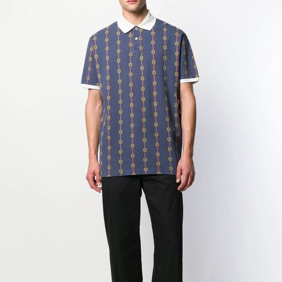 Gucci Horse-bit Chain Print Polo Shirt in Blue - Picture 4 of 7
